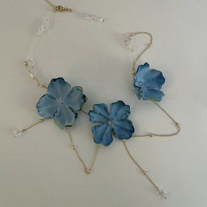 Plastic Glass Trip Flower Bib Necklaces with Alloy Chain Tassel for Women, Golden