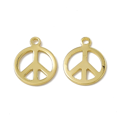 Rack Plating Brass Charms, Long-Lasting Plated, Cadmium Free & Nickel Free & Lead Free, Flat Round with Peace Sign Charm