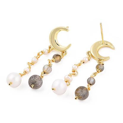 Natural Pearl & Sunstone Beaded Moon Tassel Dangle Stud Earrings, Brss Drop Earrings with 925 Sterling Silver Pins for Women