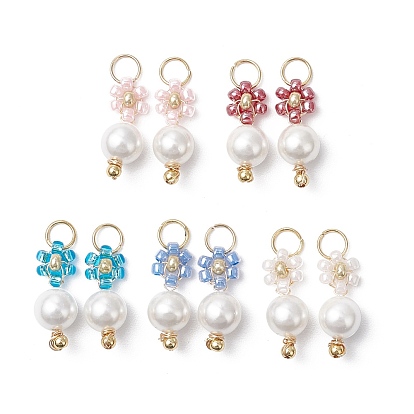 Подвески-цветы из стеклянных бус, с круглыми бусинами из ракушек и открытыми соединительными кольцами из нержавеющей стали золотистого цвета