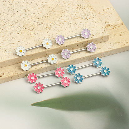 316l Кольца для сосков из хирургической нержавеющей стали с эмалью в форме цветка, цвет нержавеющей стали