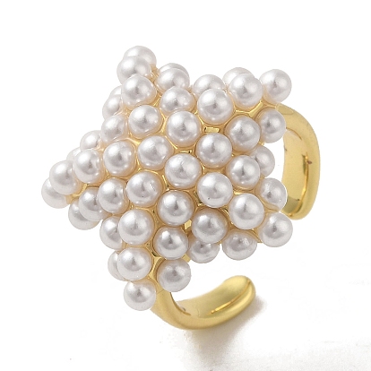 Rack Plating Brass Micro Pave Pearl Rings, Lead Free & Cadmium Free, Long-Lasting Plated