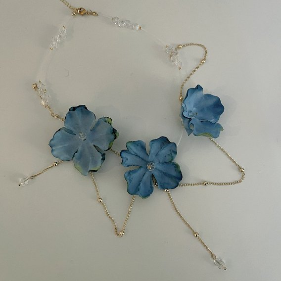 Plastic Glass Trip Flower Bib Necklaces with Alloy Chain Tassel for Women, Golden