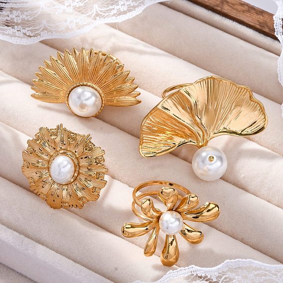 304 перстни из нержавеющей стали, с пластиковой имитацией жемчуга, реальный 18 k позолоченный