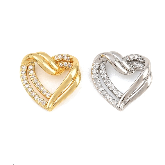 Brass Micro Pave Clear Cubic Zirconia Pendants, Heart Charms