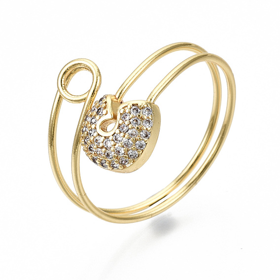 Brass Micro Pave Clear Cubic Zirconia Cuff Rings, Open Rings, Cadmium Free & Nickel Free & Lead Free, Safety Pin Shape