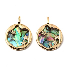 Подвески из латуни, ракушек пауа и прозрачных кубических цирконий, плоские круглые подвески со звездным узором