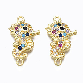 Brass Micro Pave Cubic Zirconia Links Connectors, Nickel Free, Real 16K Gold Plated, Sea Horse