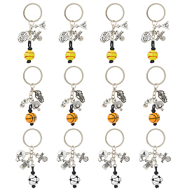 12шт. 3 стили деревянные и сплавные брелоки, с железными разрезными брелоками, футбол и баскетбол и бейсбол