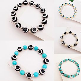 Turkish Evil Eye Elastic Bracelet with White Turquoise - Couple's Style, Turquoise Beads.