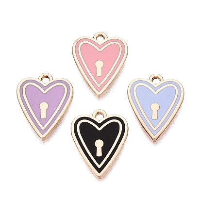 Alloy Enamel Pendants, Rack Plating, Heart Lock Charms, Golden