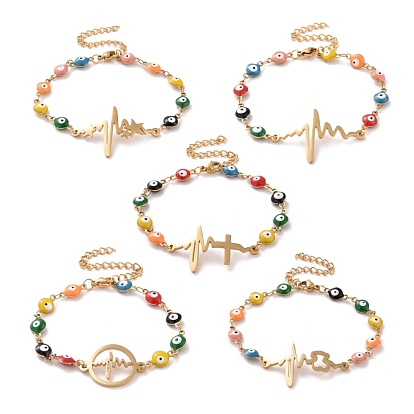 Вакуумное покрытие pvd 304 браслет из нержавеющей стали с сердечным ритмом, красочный эмалевый браслет с цепями от сглаза для женщин