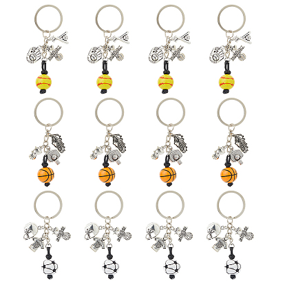 12шт. 3 стили деревянные и сплавные брелоки, с железными разрезными брелоками, футбол и баскетбол и бейсбол