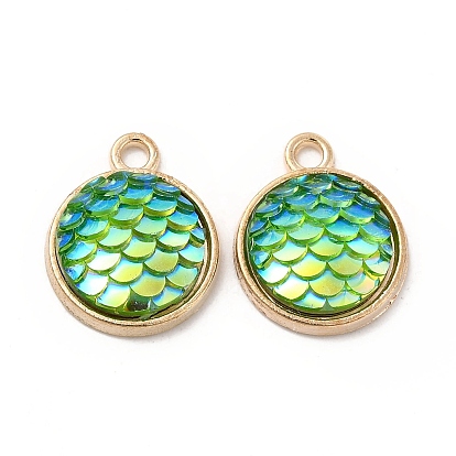 Alloy Resin Pendants, AB Color, Flat Round Charms with Scales Pattern, Golden