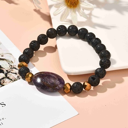 Natural Lava Rock & Oval Mixed Stone Beads Stretch Bracelet, Essential Oil Anxiety Aromatherapy Jewelry Gift