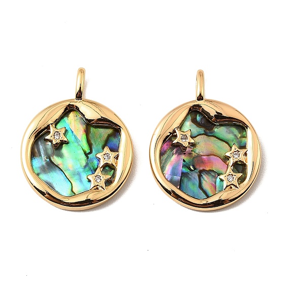 Подвески из латуни, ракушек пауа и прозрачных кубических цирконий, плоские круглые подвески со звездным узором