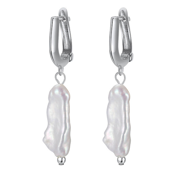Natural Pearl Hoop Earrings for Women, 925 Sterling Silver Dangle Earrings with S925 Stamp