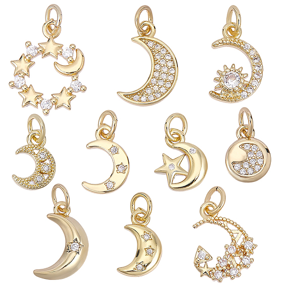 10 шт. 10 стили лунная тематика латунные микропаве прозрачные кубические циркониевые подвески, с целью перехода в кольце, без кадмия, без никеля и без свинца, реальный 18 k позолоченный