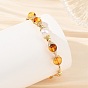 Round Natural Amber Herringbone Wire-Wrapped Cuff Bangles, with Natural Pearl
