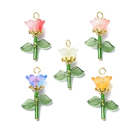 Flower Transparent Glass & Golden Pendants, with Golden Tone 304 Stainless Steel Loops