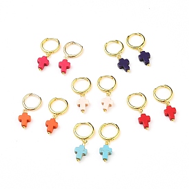 Серьги-подвески из латуни, с синтетическим бирюзовый кулон, крестик, золотые