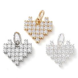 Rack Plating Brass Micro Pave Clear Cubic Zirconia Charms, Long-Lasting Plated, with Jump Rings, Heart