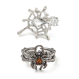 Zinc Alloy Rhinestone Cuff Rings for Women, Spider Web & Spider