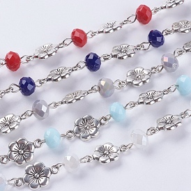 Handmade Faceted Rondelle Glass Beads Chains, Unwelded, with Tibetan Style Alloy Links, Flower