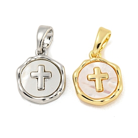 Brass Pave Shell Charms, Flat Round with Cross Charm
