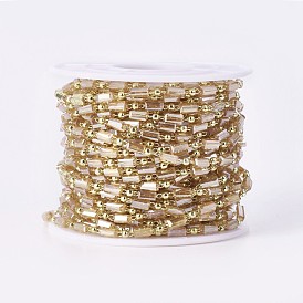 Handmade Glass Beaded Chains, Soldered, with Brass Findings, with Spool, Long-Lasting Plated, Cuboid