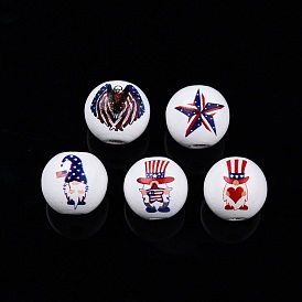 Independence Day Theme Printed Wooden Beads, Round with Eagle/Gnome/Star Pattern