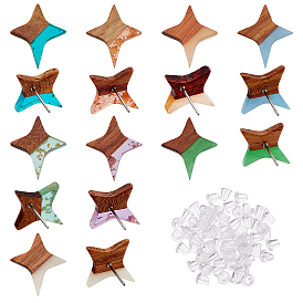 8 Pair Resin & Wood Stud Earrings & Stud Earring Findings, with 304 Stainless Steel Pin, Plastic Ear Nuts, Star