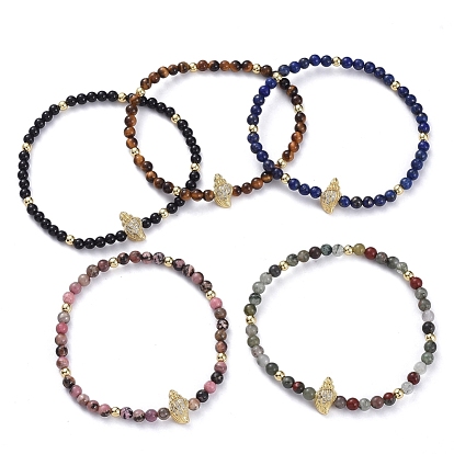 Stretch Bracelets, with Gemstone Beads, Brass Round Beads, Brass Micro Pave Grade AAA Cubic Zirconia Beads and Elastic Crystal Thread, Conch Shell Shape, with Cardboard Box