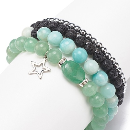 4Pcs 4 Style Natural Green Aventurine & Lava Rock & Synthetic Hematite Stretch Bracelets Set, Gemstone Jewelry with 304 Stainless Steel Star Charm for Women