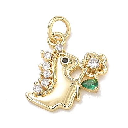 Brass Micro Pave Colorful Cubic Zirconia Pendants, Dinosaur with Flower Charms