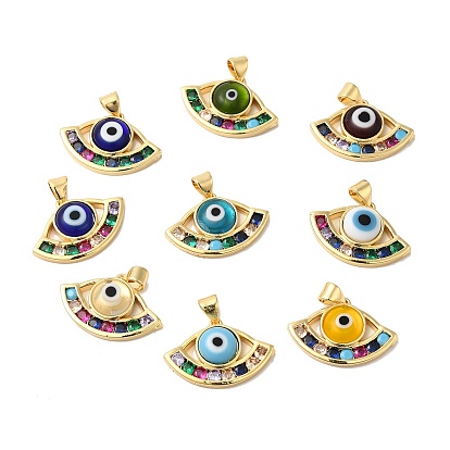 Handmade Evil Eye Lampwork Pendants, with Brass Cubic Zirconia Finding, Cadmium Free & Lead Free, Real 18K Gold Plated, Fan Charm