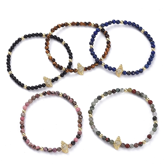 Stretch Bracelets, with Gemstone Beads, Brass Round Beads, Brass Micro Pave Grade AAA Cubic Zirconia Beads and Elastic Crystal Thread, Conch Shell Shape, with Cardboard Box