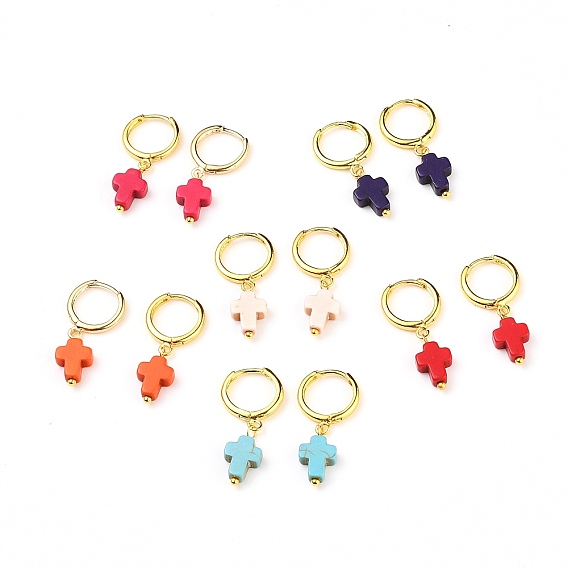 Серьги-подвески из латуни, с синтетическим бирюзовый кулон, крестик, золотые