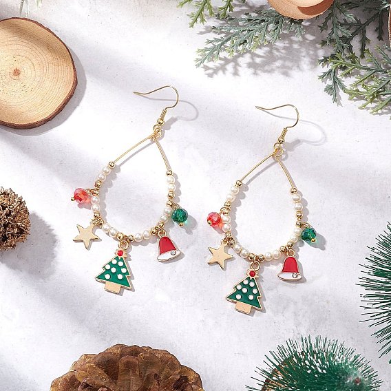 Серьги-подвески в виде елки из латуни и стекла, со стеклянными жемчужными бусинами и эмалевыми подвесками, Новогодняя тема