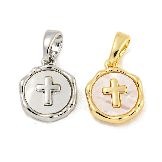 Латунные подвески из ракушек, плоский круглый с подвеской в виде креста