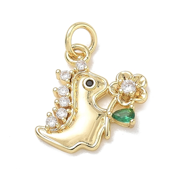 Brass Micro Pave Colorful Cubic Zirconia Pendants, Dinosaur with Flower Charms
