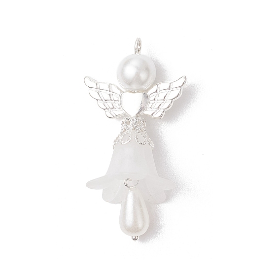 Подвески матовым акриловым, ангел, с фурнитурой из сплава и стеклянными жемчужными бусинами
