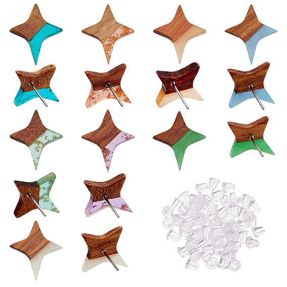 8 Pair Resin & Wood Stud Earrings & Stud Earring Findings, with 304 Stainless Steel Pin, Plastic Ear Nuts, Star
