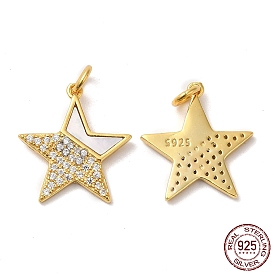 925 Sterling Silver Micro Pave Cubic Zirconia Pendants, Star Charm, with Shell & Jump Ring & 925 Stamp