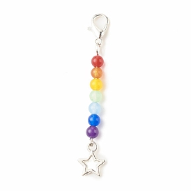 Chakra Theme Natural & Dyed Malaysia Jade Beaded Pendant Decorations, with Lobster Claw Clasps, Alloy Pendants, Star