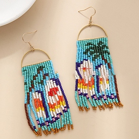 Boho Seed Bead Tree Pattern Tassel Earrings, Iron Dangle Earring for Women