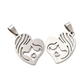 Mother's Day 201 Stainless Steel Pendants, Mother with Daughter, Hollow Heart Charms