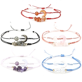 Natural Mixed Gemstone Braided Bead Bracelets, Moon & Chips & Round Double Layer Multi-strand Bracelet