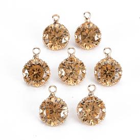 Glass Charms, with Golden Tone Brass Findings, Faceted, Flat Round