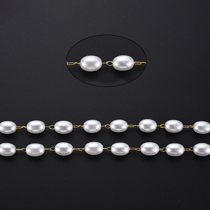 304 Stainless Steel & ABS Plastic Imitation Pearl Beaded Chains, Soldered, with Spool, Oval